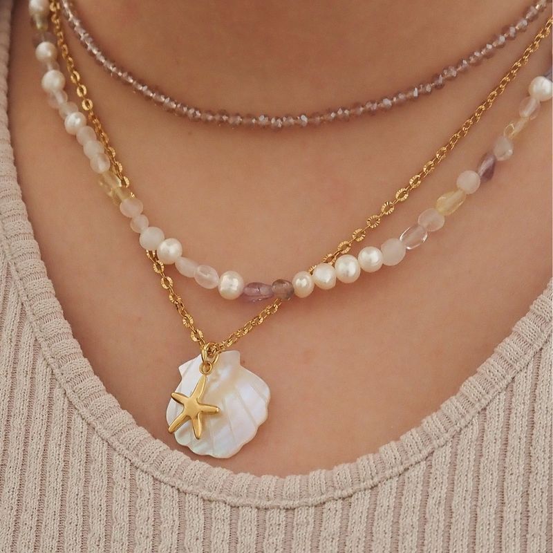 Collana in acciaio con ciondolo a forma di stella marina da spiaggia, ad alta ritenzione del colore, stile conchiglia, fai da te, placcata_voghion.com