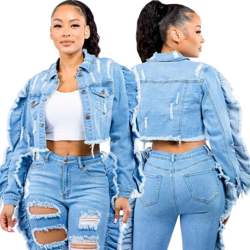 Damemode patchwork denim rippet kort frakke ny_voghion.com