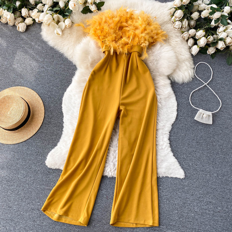 High-End-Nischen-Design, pelziger Overall mit Röhrenoberteil, Damen-Sommer-Neue, lockere, gerade Hose mit weitem Bein_voghion.com