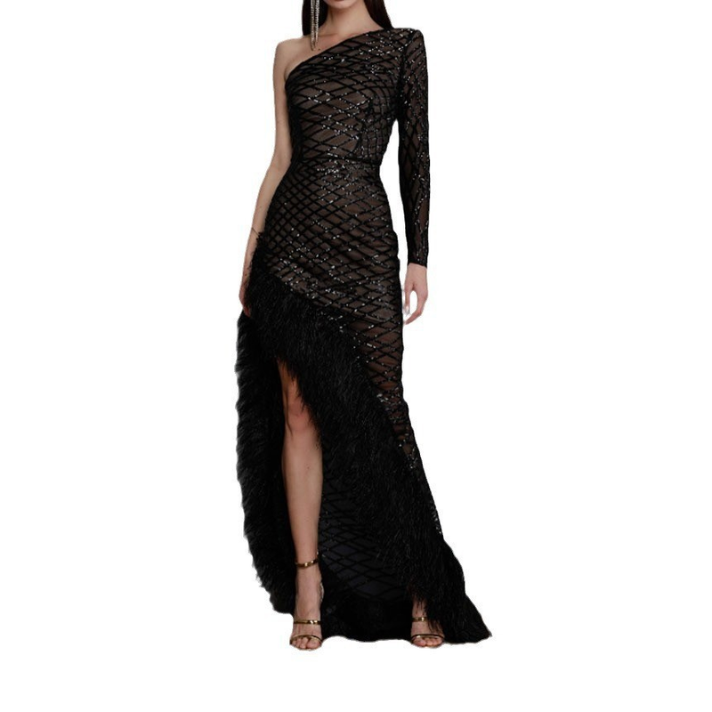 Abbigliamento da donna tinta unita senza maniche colletto obliquo irregolare temperamento abito da sera in rete gonna lunga_voghion.com