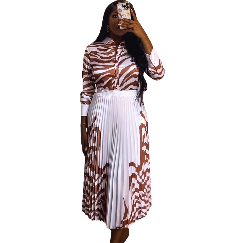 Damenbekleidung Zebra-Print Langarmshirt Lässiger Faltenrock Zweiteiliges Set_voghion.com