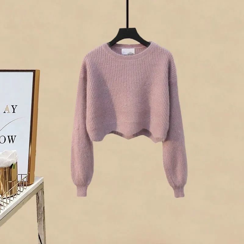 Women's Clothing Plus Size Autumn Suits Age Reducing Wavy Edge Short Sweater Slim Skirt Two Piece Suit_voghion.com