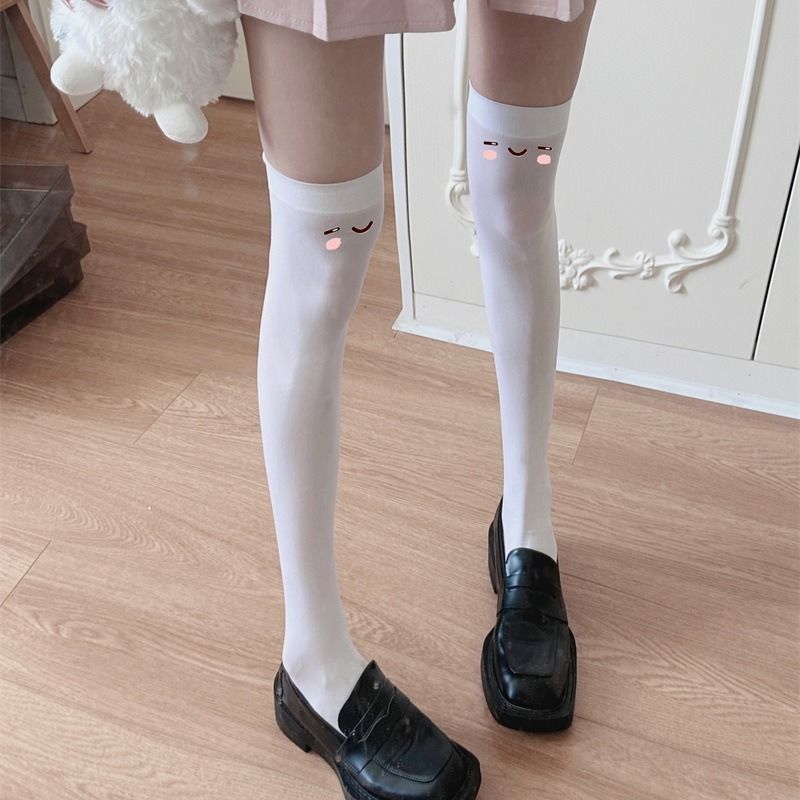 Black Cute Girl Lovely Printed Expression Over-the-Knee JK Long Tube Pure Desire White Silk Emoji Thigh Socks Thin_voghion.com