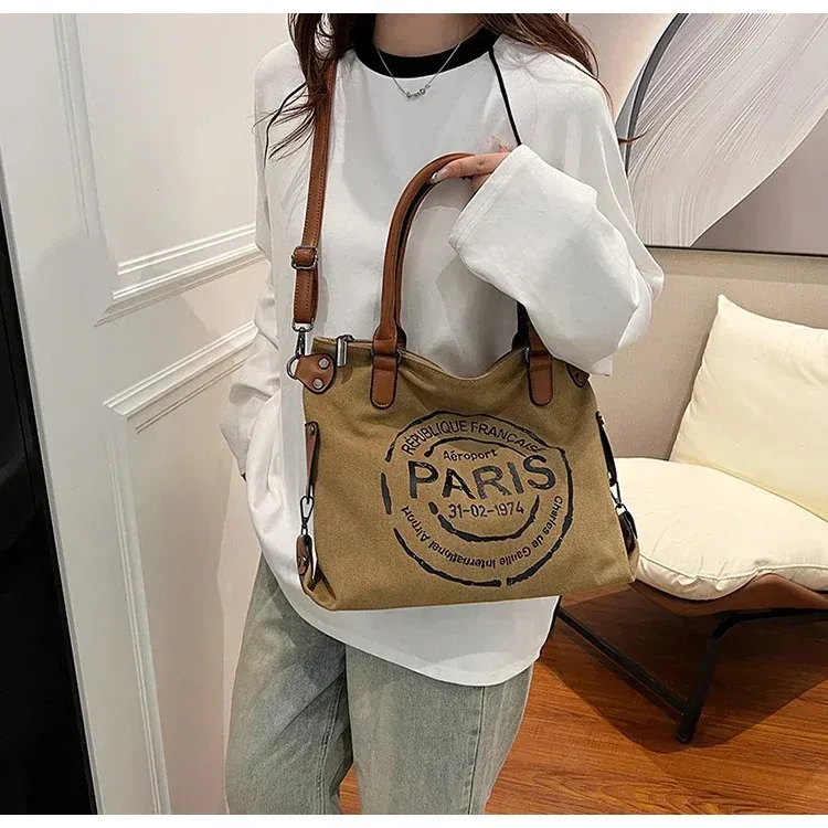 Borsa tote grande in tela retrò con tracolla regolabile, stampa vintage di Parigi, elegante tracolla per donna 250221_voghion.com