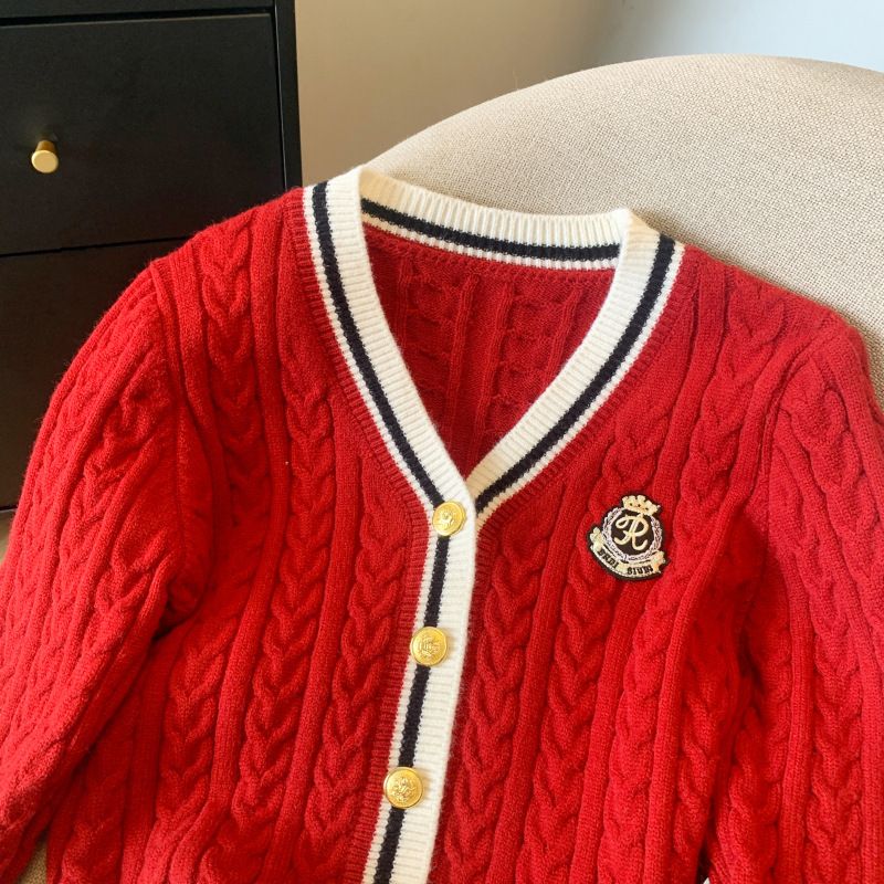 Cardigan in maglia color block con scollo a V di ispirazione vintage – Cappotto lungo in maglia a trecce per donna_voghion.com