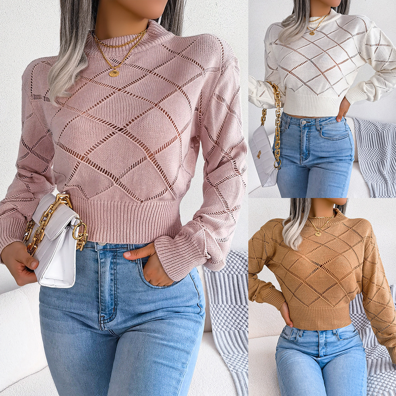 2024 Herbst und Winter Hohl Plaid Langarm Cropped Strickpullover Damenmode_voghion.com