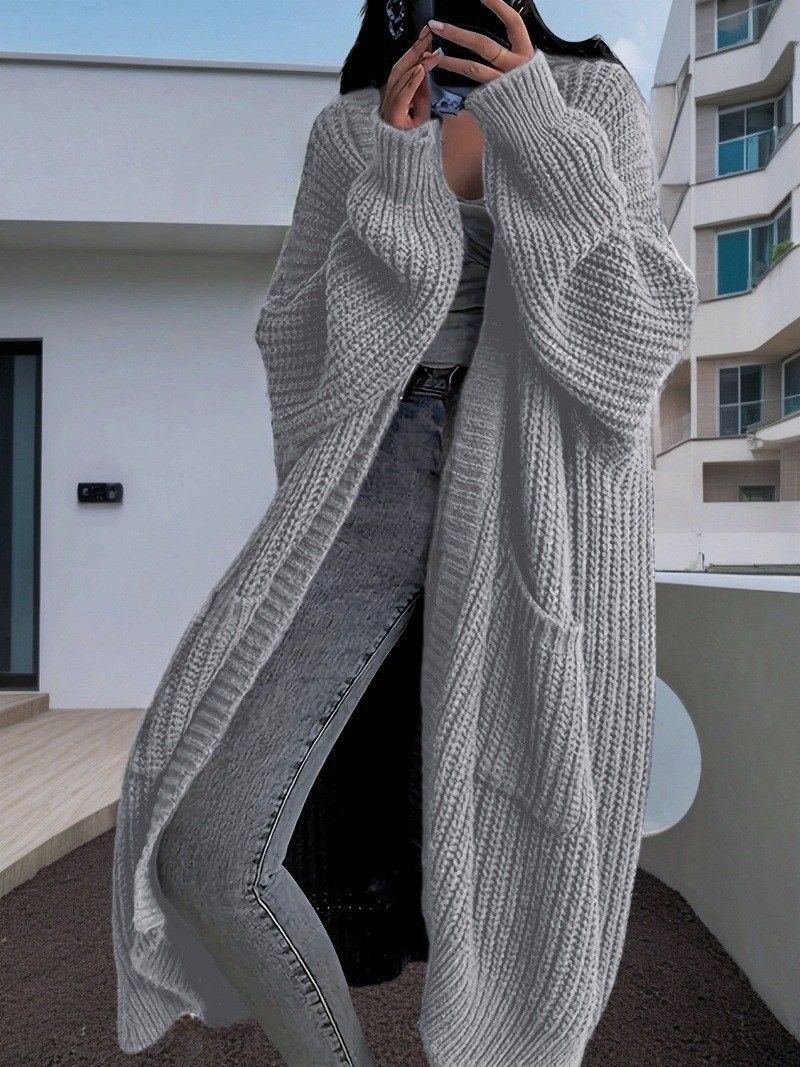 Oversized Longline Knit Cardigan For Women – Cozy Open-Front Sweater Coat With Extra Length, Thick Acrylic Blend For Autumn & Winter_voghion.com