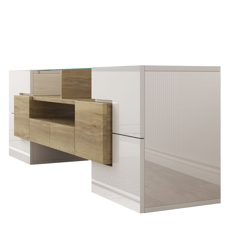 Meuble TV moderne, buffet bas blanc brillant de 145 cm avec éclairage LED, surface en verre élégante, mobilier de salon contemporain_voghion.com
