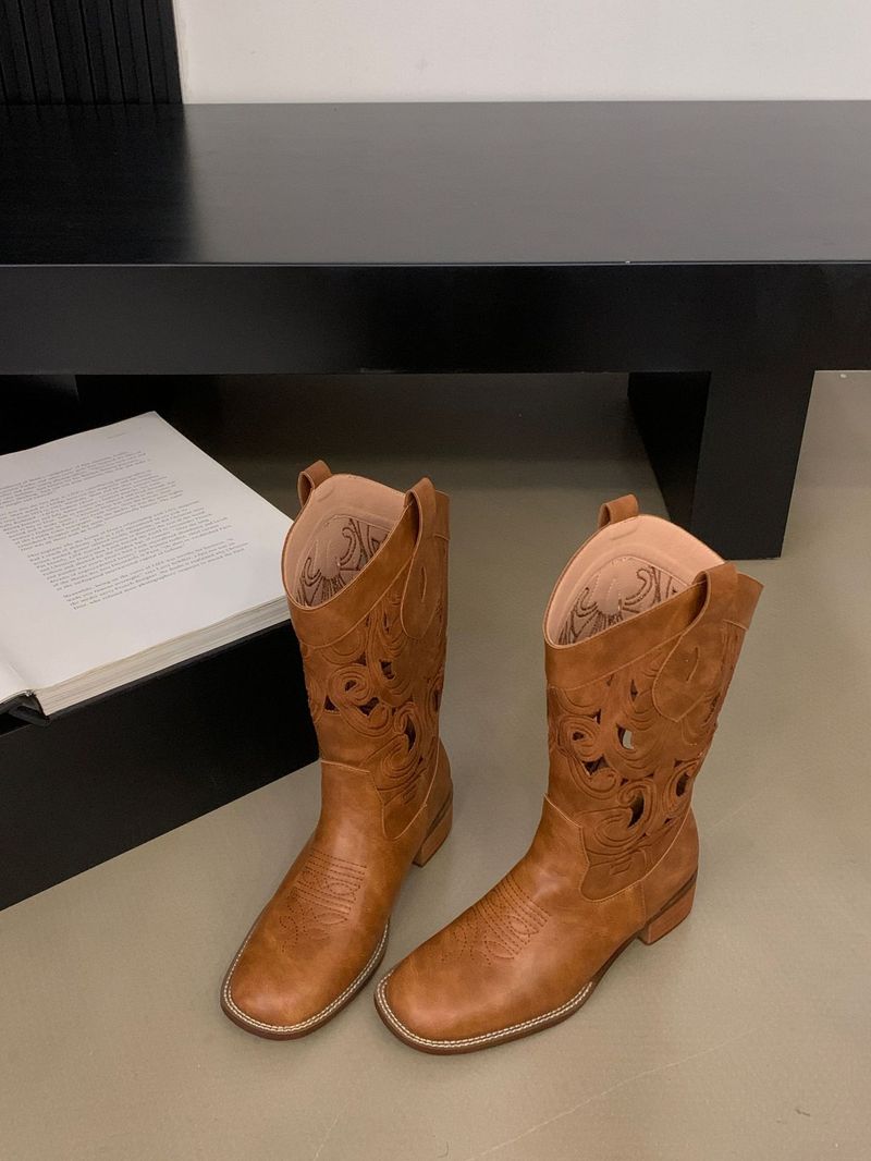 2024. gada jauni apavi Rietumu kovboju izšūti ar garu kāju bruņinieks sieviešu kvadrātveida galvas rupji papēža zābaki vasarā_voghion.com