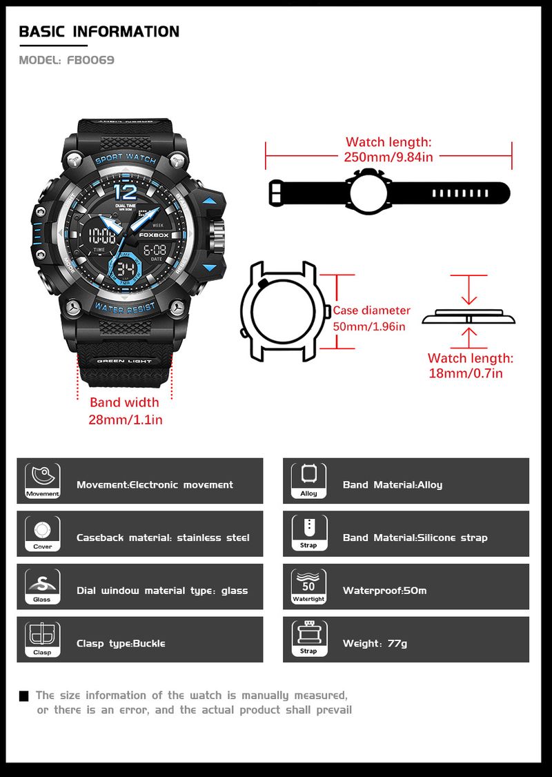 Reloj deportivo impermeable para hombre con pantalla dual, manecillas luminosas y cronómetro: ligero y resistente para actividades al aire libre._voghion.com