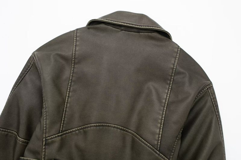 Dameskleding 2024 herfst en winter nieuw item diagonale rits riem revers leren PU jas_voghion.com