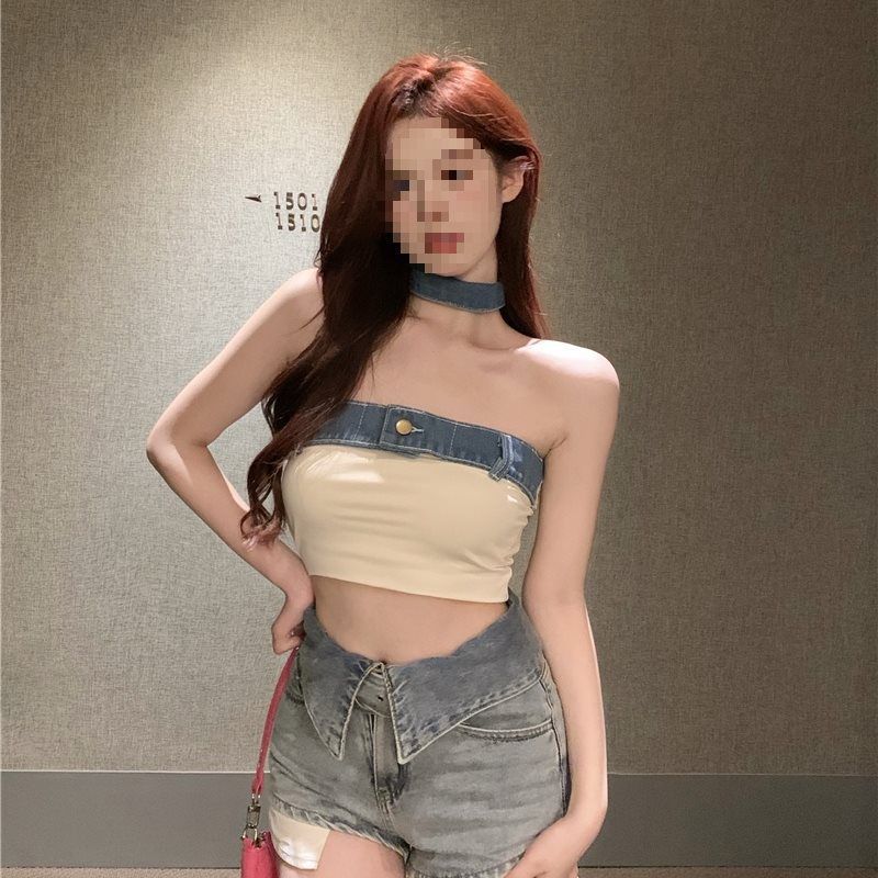 Strapless Tube Color Block Camisole 2025 Summer New French Style Eleant Hot Girl Off-Shoulder Top Short Women's_voghion.com