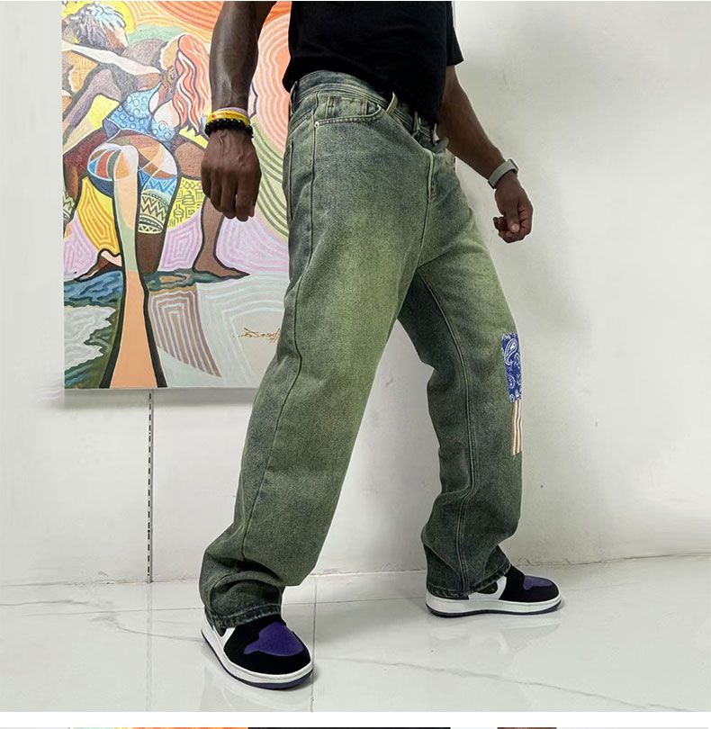 Neue trendige Jeans mit Block-Fashion-Patch für Herbst und Winter für Herren, lockere Hose mit weitem Bein im rustikalen Stil, Retro-Jeans mit verwaschenem geradem Bein_voghion.com