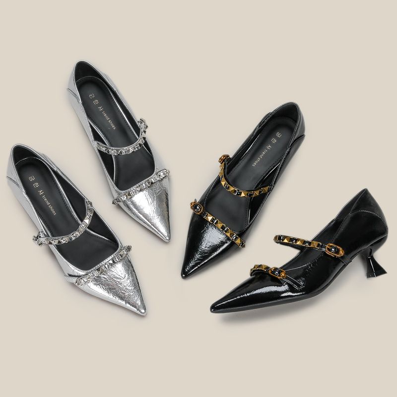 Zapatos de tacón alto con remaches plateados y correa, negros, finos, de verano, con punta puntiaguda, sencillos, versátiles, para otoño, nuevos para mujer_voghion.com