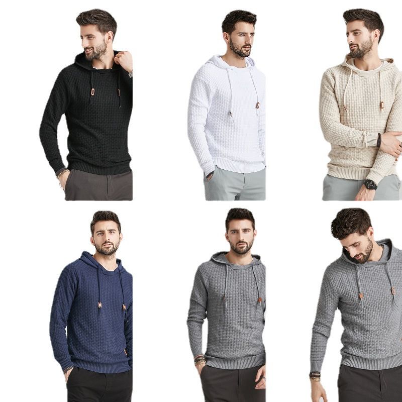 Hooded long sleeved pullover knitted for spring and autumn, fashionable base, casual men's sweater_voghion.com