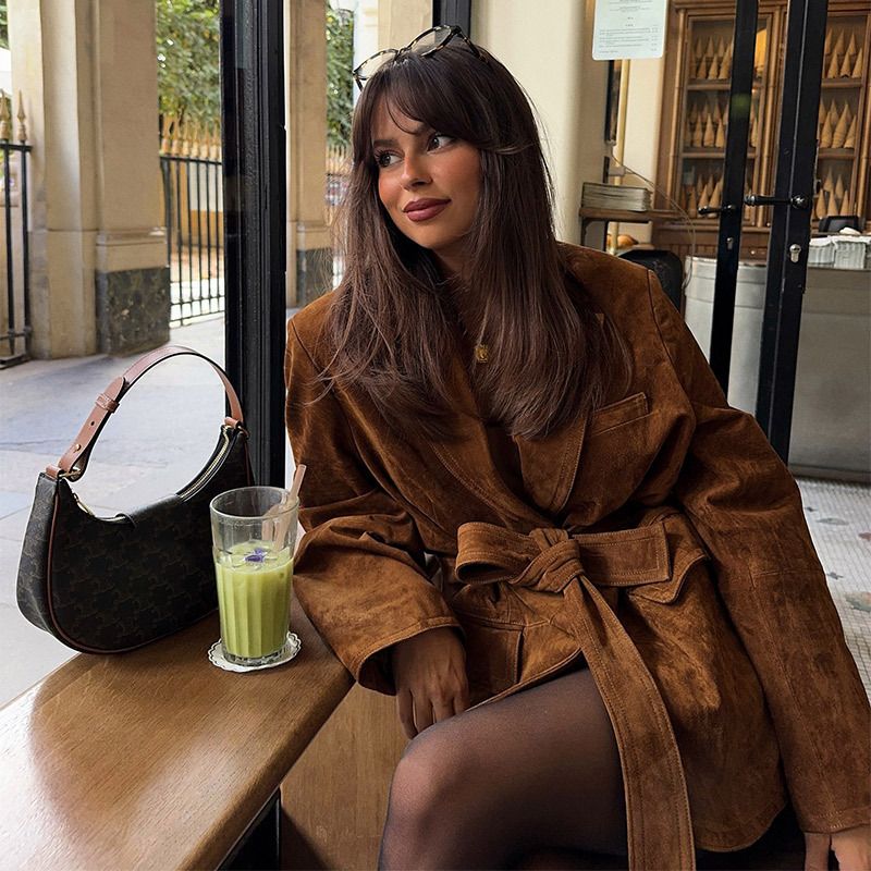 Giacca corta con collo rovesciato e cintura, autunno 2025, nuovo cappotto casual ampio_voghion.com