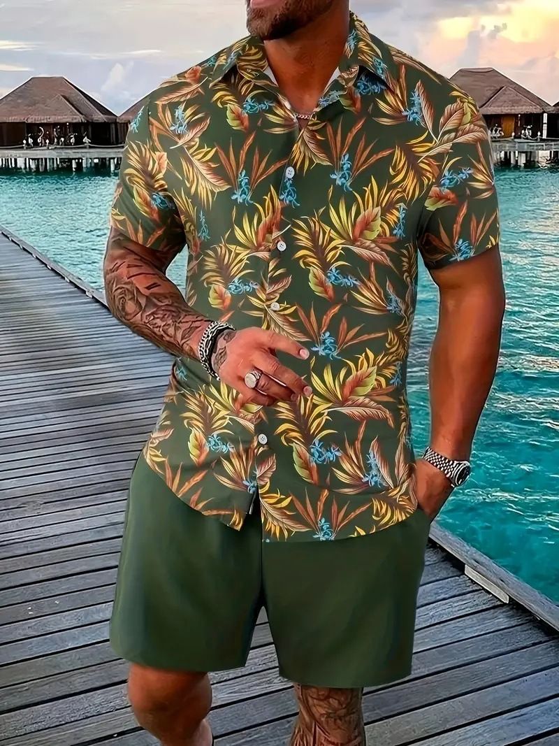 Set di camicie da uomo con stampa 3D di piante tropicali estive, moda, camicia a maniche corte, pantaloncini da spiaggia casual oversize, abiti da strada_voghion.com
