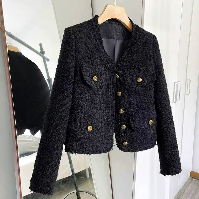 Giacca corta nera in stile 2024, nuova primavera autunno, elegante e sottile, in tweed, a maniche lunghe, per donna_voghion.com