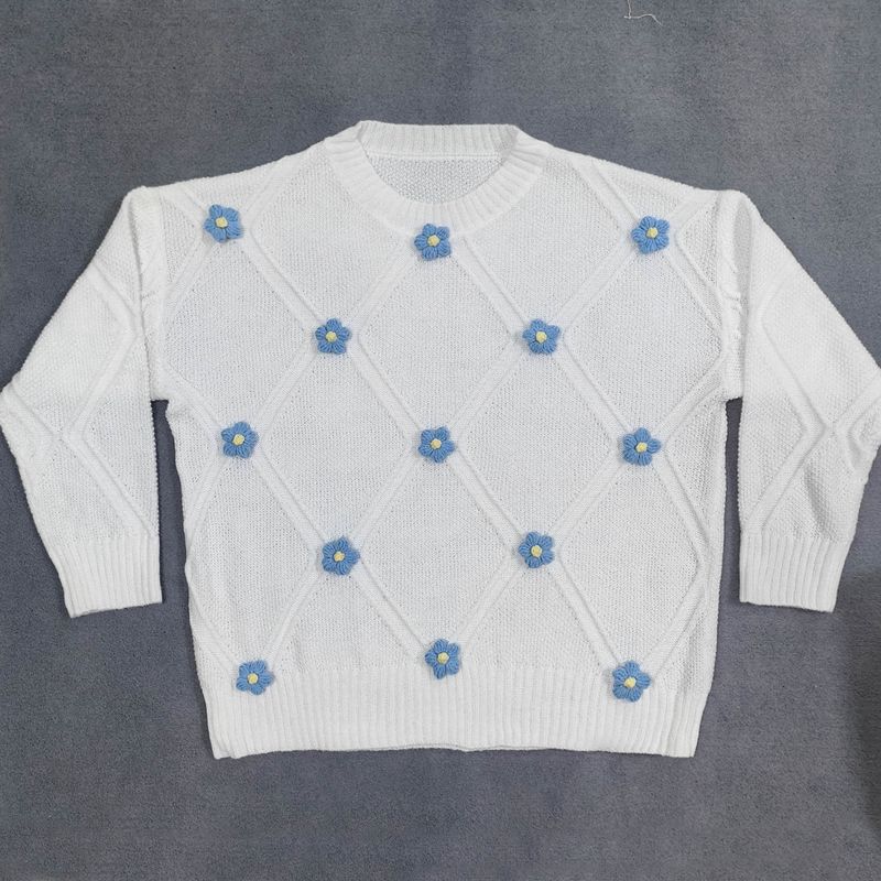Women's Oversized Casual Sweater With Diamond Grid Pattern & 3D Crochet Floral Applique, Loose Fit Pullover Top In Black/White (Blue Flowers)_voghion.com