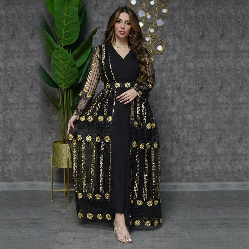 New Muslim Embroidered Mesh Jacket With Chiffon Vest Skirt Suit Kaftan Dress_voghion.com