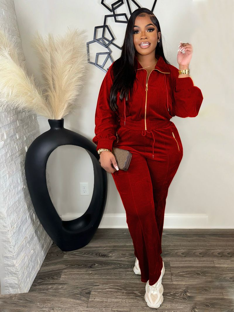 Damenbekleidung Elegantes Damen-Set aus langärmligem Stehkragen, Reißverschluss vorne und Strickjacke und Hose – zweiteiliges Winter-Outfit in Unifarben (Grau, Schwarz, Rot)_voghion.com