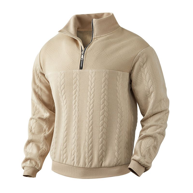 Sudadera informal de cuello alto con cremallera y punto holgado con costuras gruesas de manga larga para otoño e invierno_voghion.com