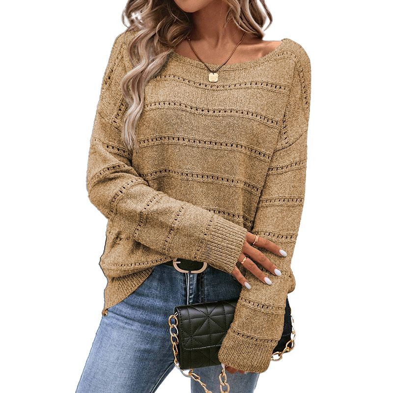 2025 Herfst Winter Nieuwe Effen Kleur Uitgeholde Schouders Casual Losse Veelzijdige Pullover Gebreide Trui Voor Vrouwen_voghion.com