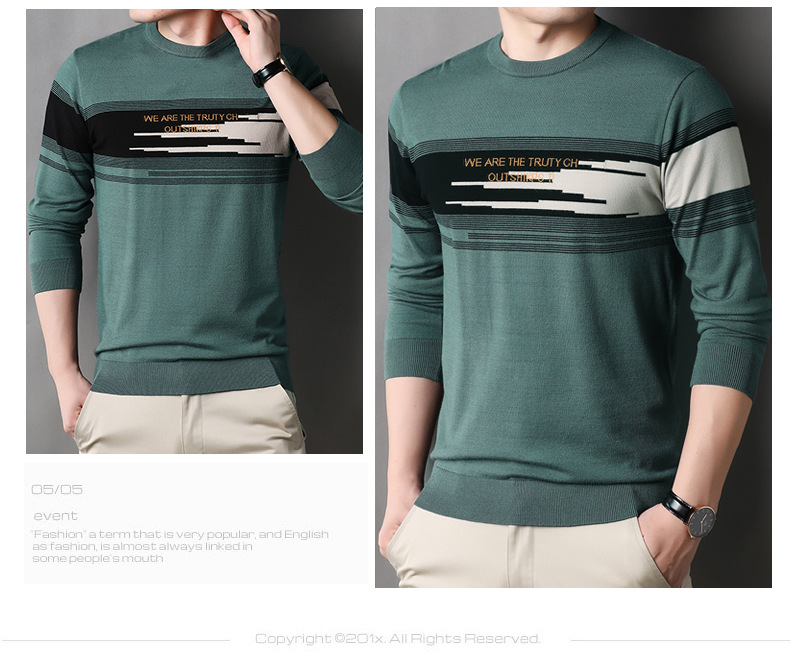 Herren Herbst und Winter Neue Mode Wollpullover Warm Rundhals Langarm Farblich Passend_voghion.com