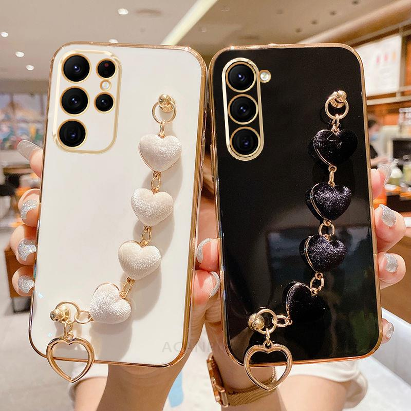 Love Heart Bracelet Case For Samsung Galaxy S23 S21 S22 S20 Fe S10 S9 S8 Note 10 Plus 20 Ultra 8 9 Chain Plating Silicone Cover_voghion.com