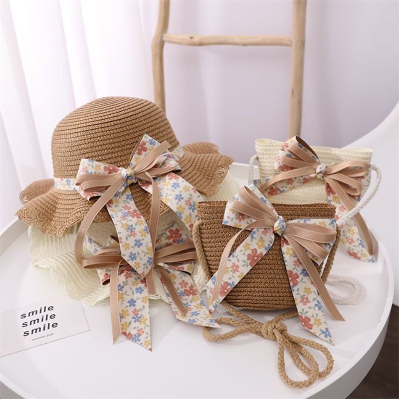 Cappelli di paglia da pescatore pieghevoli da spiaggia per bambini, protezione solare estiva da donna e set di borse_voghion.com