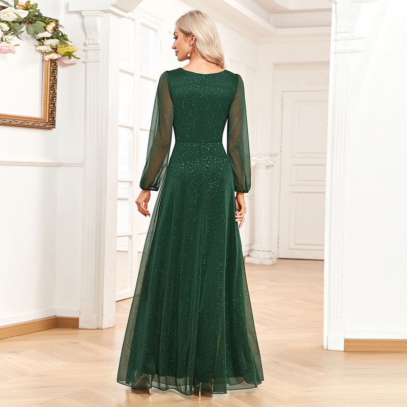 Ženska elegantna večerna obleka iz bleščečega šifona z V-izrezom, a-kroja, poročna obleka z dolgimi rokavi za družice New Vestido De Festa_voghion.com
