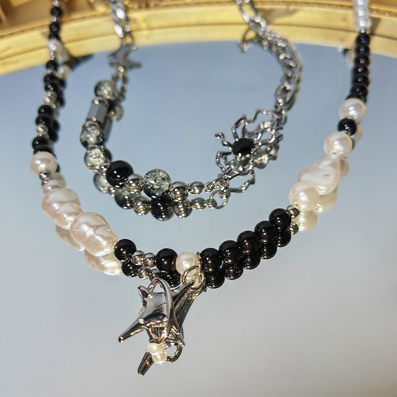 2025 New Arrivals Punk Star Pendant Baroque Women Asymmetric Black White Pearl Stainless Steel Necklace Jewelry_voghion.com