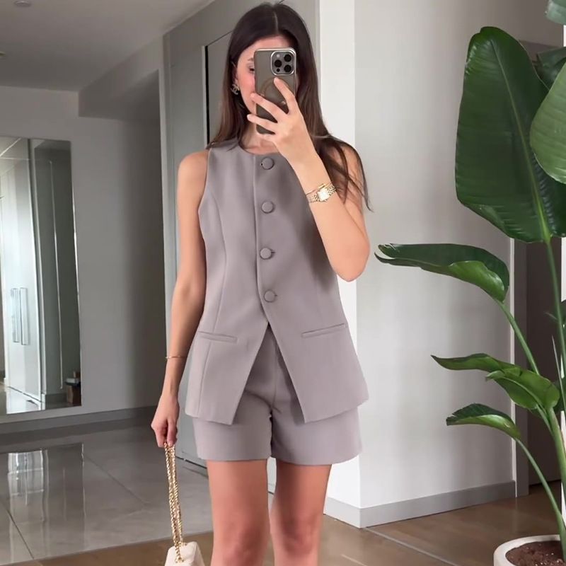 Damenbekleidung, eckiger Kragen, ärmellose Weste, hohe Taille, gerade Hose, Pendleranzug_voghion.com
