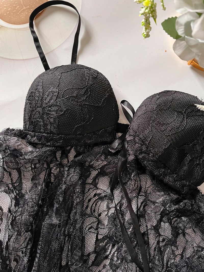Abito sexy in pizzo trasparente con coppe integrate e perizoma gratuito_voghion.com