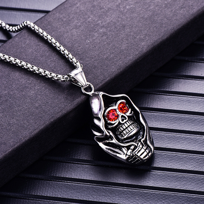 Trendy Halskette mit Anhänger in Totenkopfform, Herrenhalskette, modischer böhmischer Anhänger mit rotem Kristall, eingelegter Anhänger, Zubehör, Partyschmuck_voghion.com