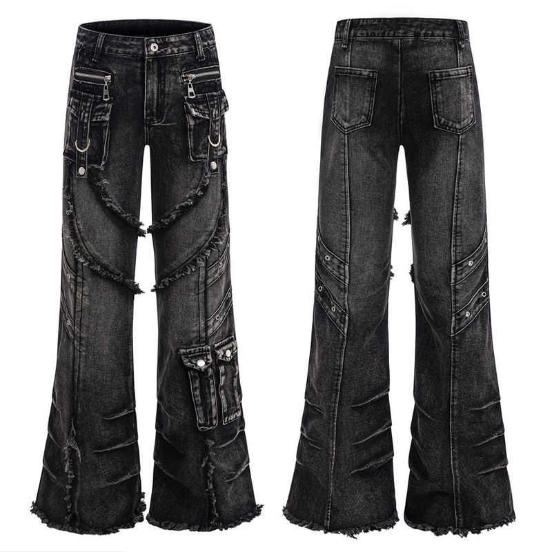 Men's Deconstructed Workwear Jeans - Raw Hem Bootcut Pants With Lace-Up Detail (Charcoal, S-3XL)_voghion.com