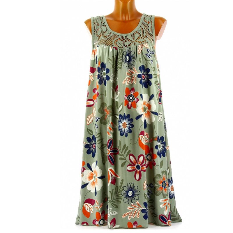 2022 Women's Sleeveless Head Lace Printed Large Swing Tank Top Dress_voghion.com