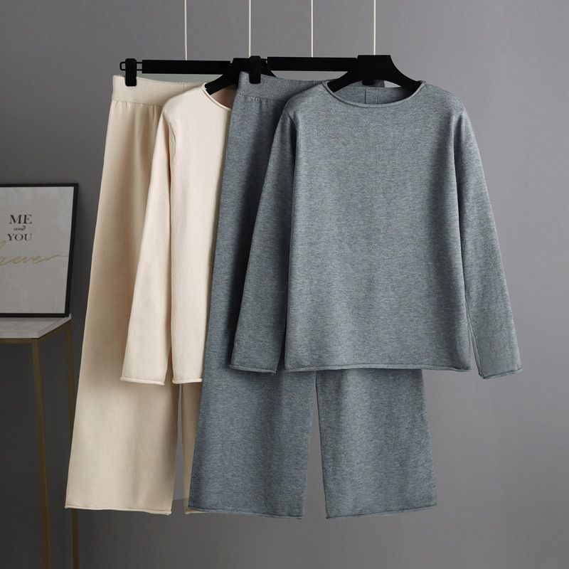 Pantaloni larghi lavorati a maglia da donna Set pantaloni casual maglione moda Temperamento due pezzi_voghion.com