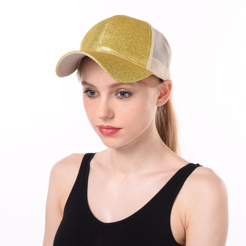 Ponytail Baseball for Women Shiny Glitter Sequins Woman Summer Cap Mesh Sunhat Pure Color High Messy Bun Hat_voghion.com