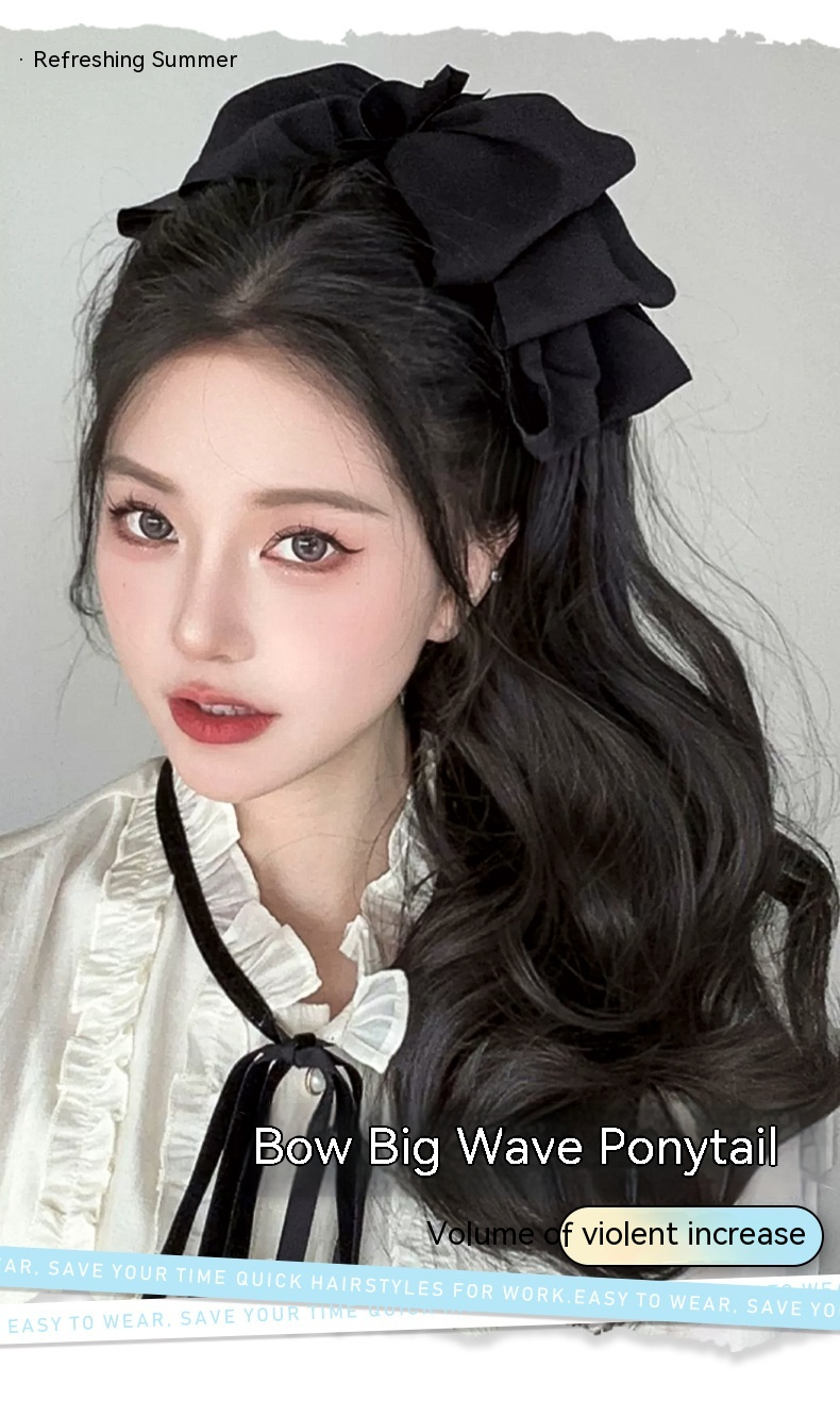 Nuova parrucca di vendita calda con fiocco nero e piccola clip sulla coda di cavallo, capelli ricci lunghi, copricapo rosso Internet, accessori per capelli realistici e naturali_voghion.com