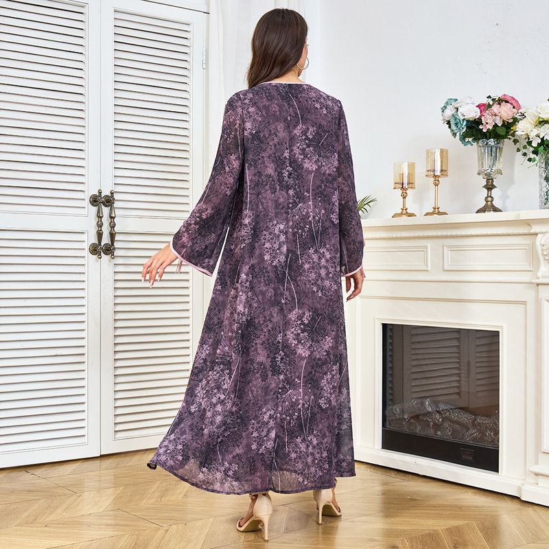 Neues muslimisches Sommerkleid mit langen Ärmeln, schlicht und locker, lässig, Blumenmuster, Übergröße_voghion.com