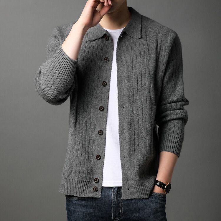 Thick knitted cardigan jacket autumn and winter jacquard casual fashion sweater, lapel top for men, trendy dad outfit_voghion.com