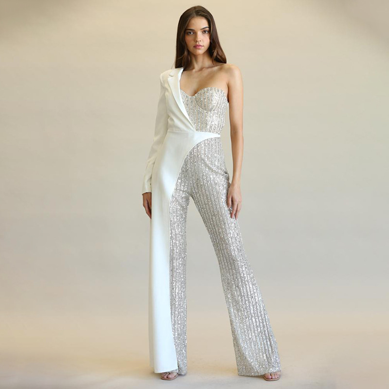 Women's Clothing Silver Splicing Sequins One Shoulder Fashion Sequins Jumpsuit_voghion.com