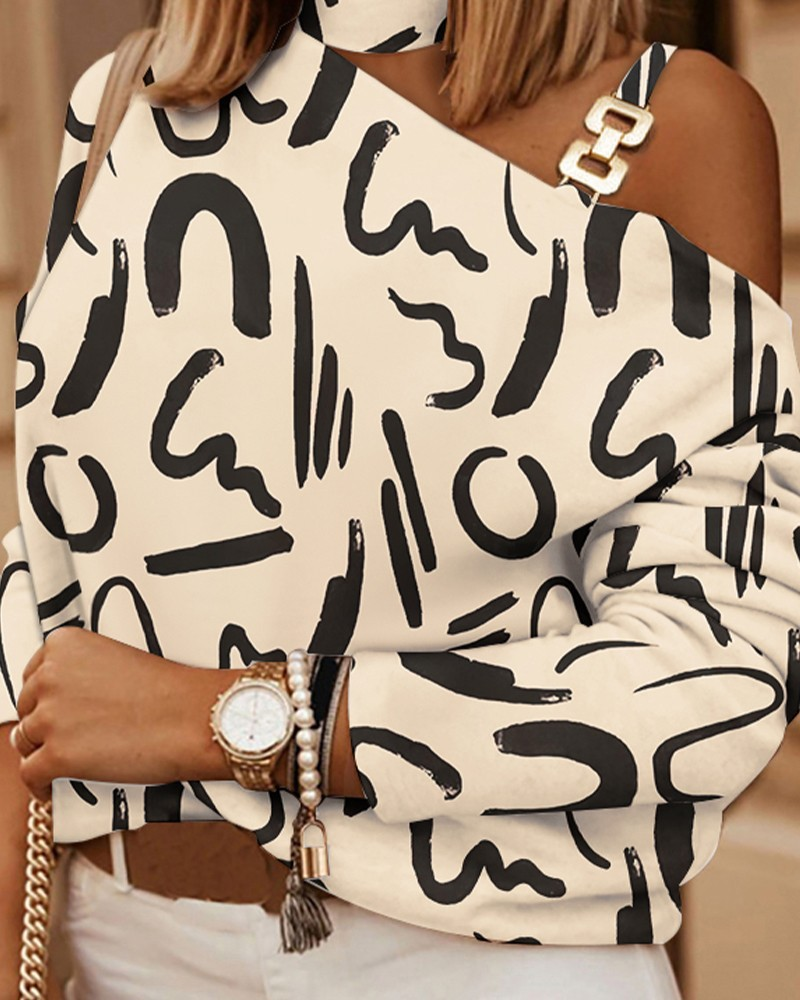 Hot Style Langarm Neckholder Top mit Kette und bedrucktem Knopfdekor für Damen_voghion.com