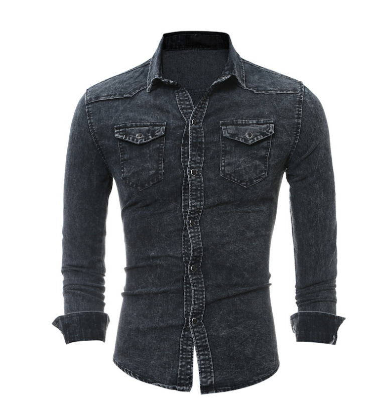 Neu Langarm Stil Jugend Casual Einfarbig Patchwork Denim Shirt männer_voghion.com