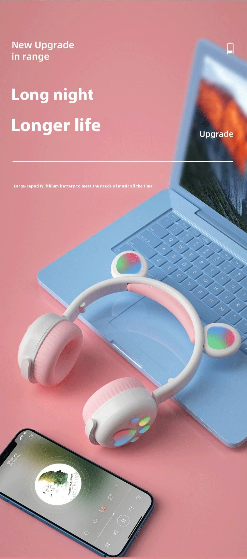 Cross border Hot Chika schattige oor Bluetooth hoofdtelefoon Bear Claw LED driekleurige magische zaklamp opvouwbaar_voghion.com