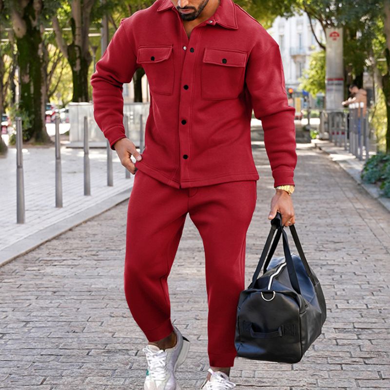 Herbst/Winter Mode Jacke Herren Herbst Wildleder Einreiher Einfarbig Slim Fit Zwei Stück Set für Männer_voghion.com