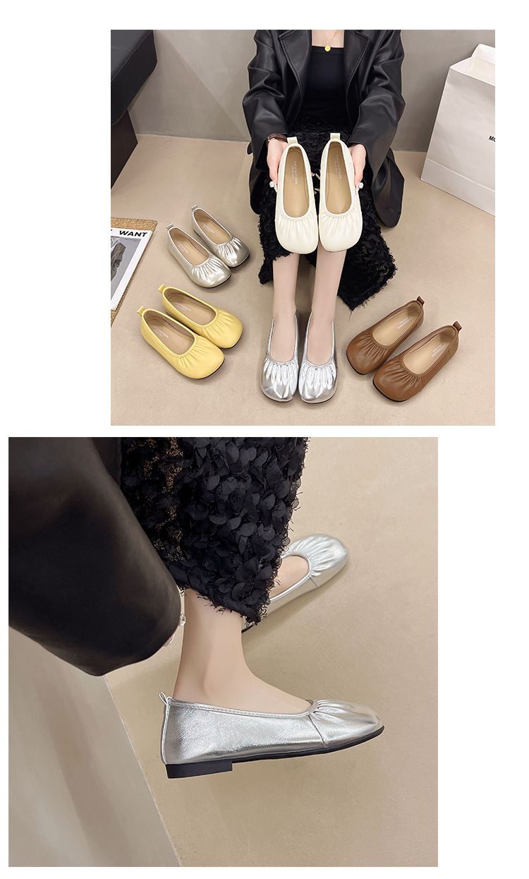 Platte zolen, enkellaarsjes voor dames, Franse zachte eenpedaalsokken, zachte zolen, ondiepe mond, geplooide oma-schoenen_voghion.com