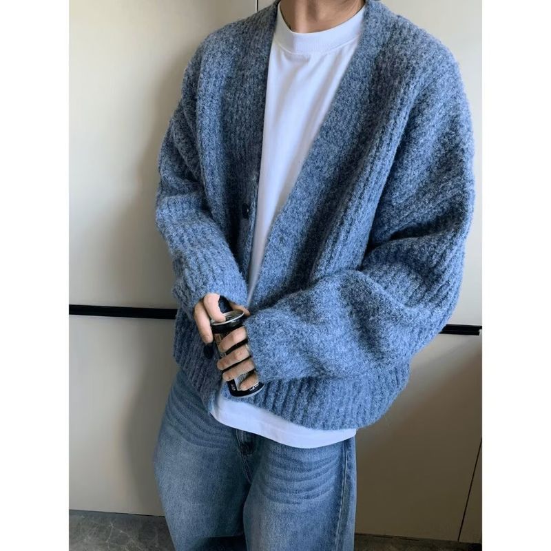 Men's Oversized Knit Cardigan – Japanese Minimalist Open Front Sweater (Brown/Blue, M-3XL)_voghion.com