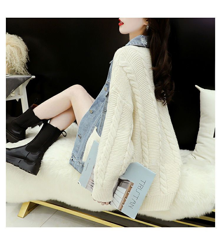 Women's Loose Knit Cardigan With Denim Patchwork - Casual Long Sleeve Polo Collar Pullover In Cream & Black (One Size)_voghion.com